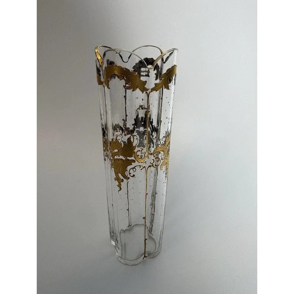 Antique Bohemian Art Glass Vase Raised Gold Gilt Enamel Quatrefoil Bubbles 7 In